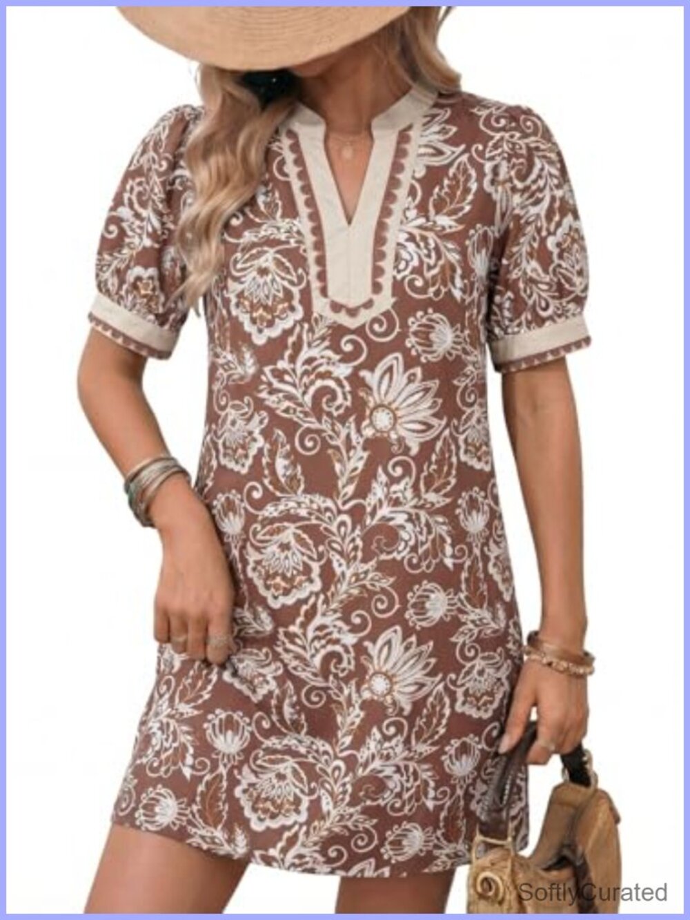 Dokotoo Womens Boho Floral Mini Dress Puff Short Sleeve V Neck Sundress